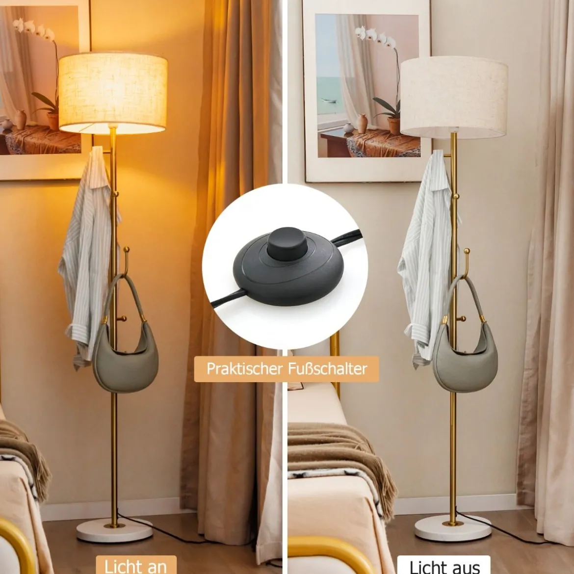 166,5cm hohe Stehlampe Garderobenständer mit 5 Haken & Fußschalter Stehleuchte E27 Sockel Leselampe für Schlafzimmer Wohnzimmer