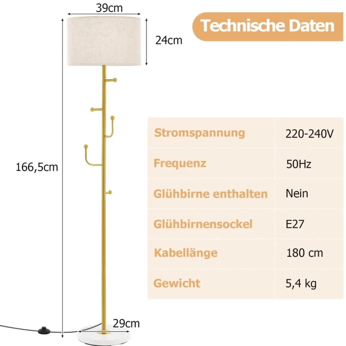 166,5cm hohe Stehlampe Garderobenständer mit 5 Haken & Fußschalter Stehleuchte E27 Sockel Leselampe für Schlafzimmer Wohnzimmer