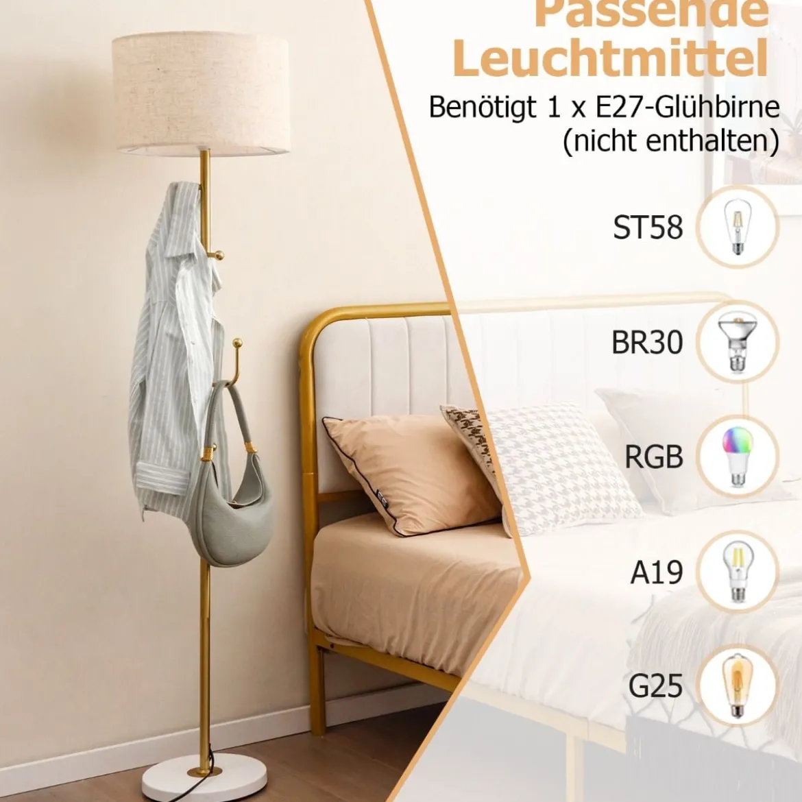 166,5cm hohe Stehlampe Garderobenständer mit 5 Haken & Fußschalter Stehleuchte E27 Sockel Leselampe für Schlafzimmer Wohnzimmer