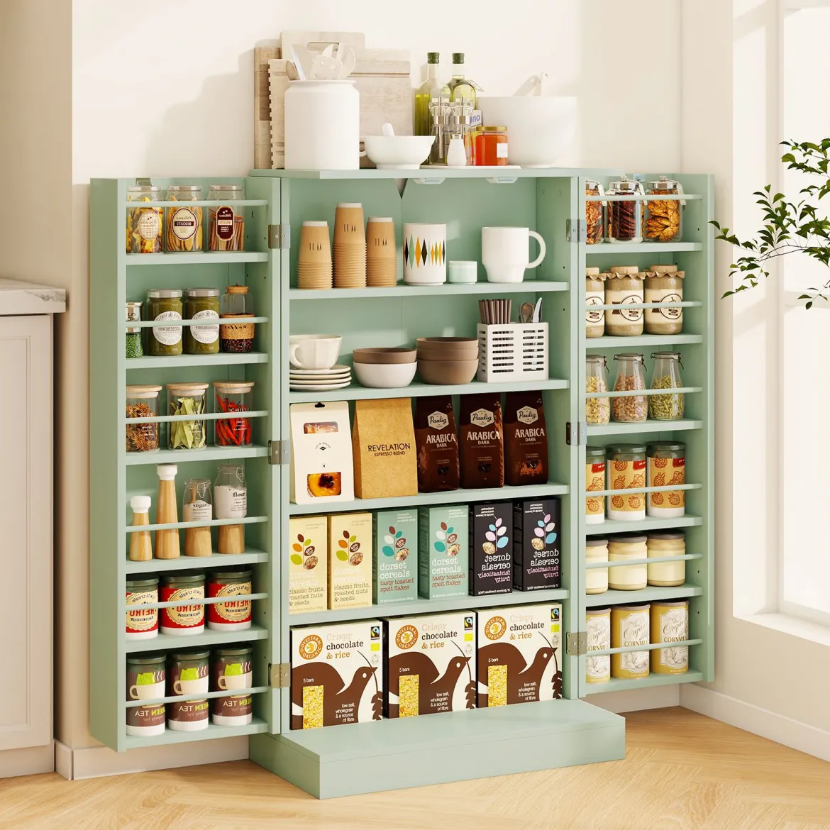 104 cm hohes Vorratsschrank Küchenschrank mit Türen & verstellbaren Regalen freistehendes Buffet-Sideboard Grün