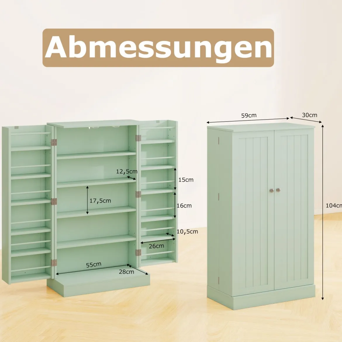 104 cm hohes Vorratsschrank Küchenschrank mit Türen & verstellbaren Regalen freistehendes Buffet-Sideboard Grün