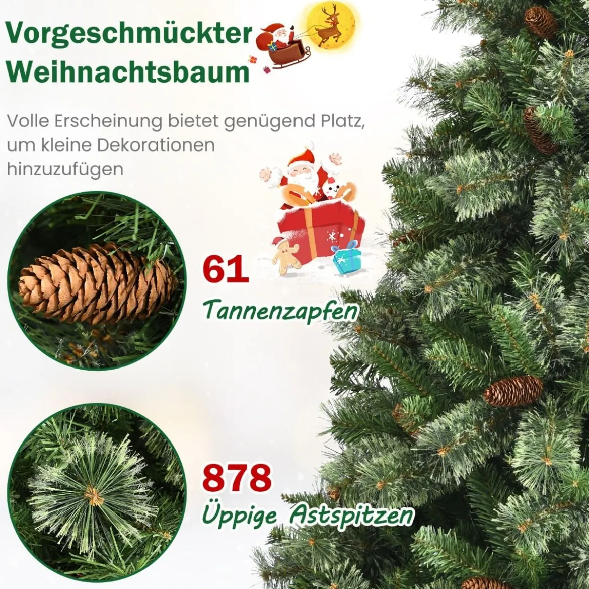 180 cm hohe Weihnachtstanne mit Kiefernzapfen künstlicher Weihnachtsbaum für Zuhause Grün