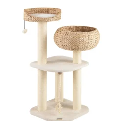 104 cm Holz Katzenbaum mit Sitzstange & Korb & Sisalpfählen Kratzbaum Kletterbaum Beige