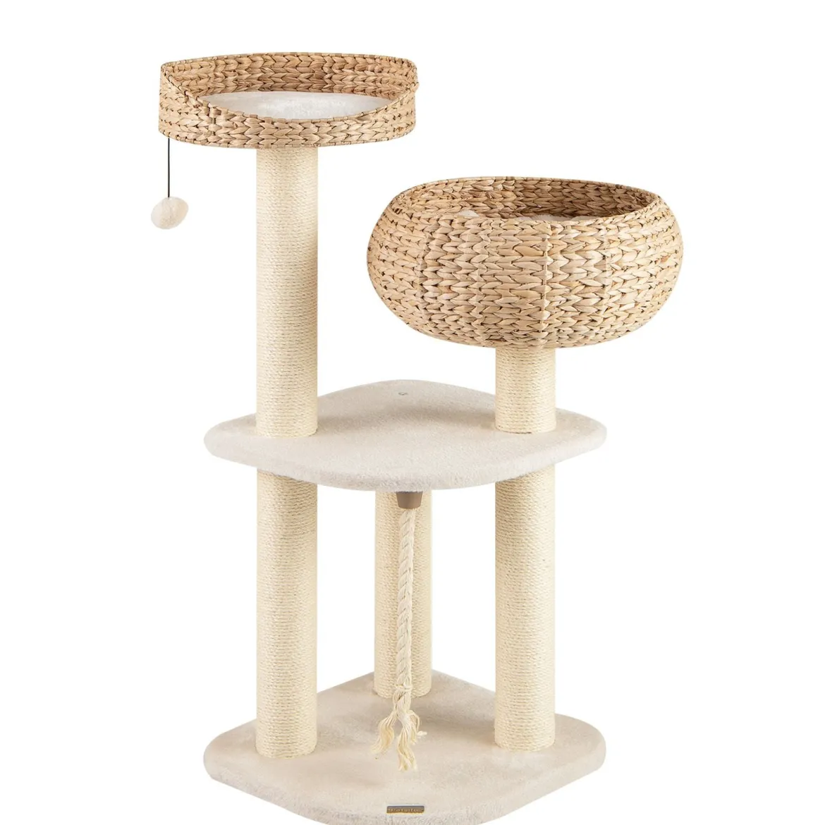 104 cm Holz Katzenbaum mit Sitzstange & Korb & Sisalpfählen Kratzbaum Kletterbaum Beige