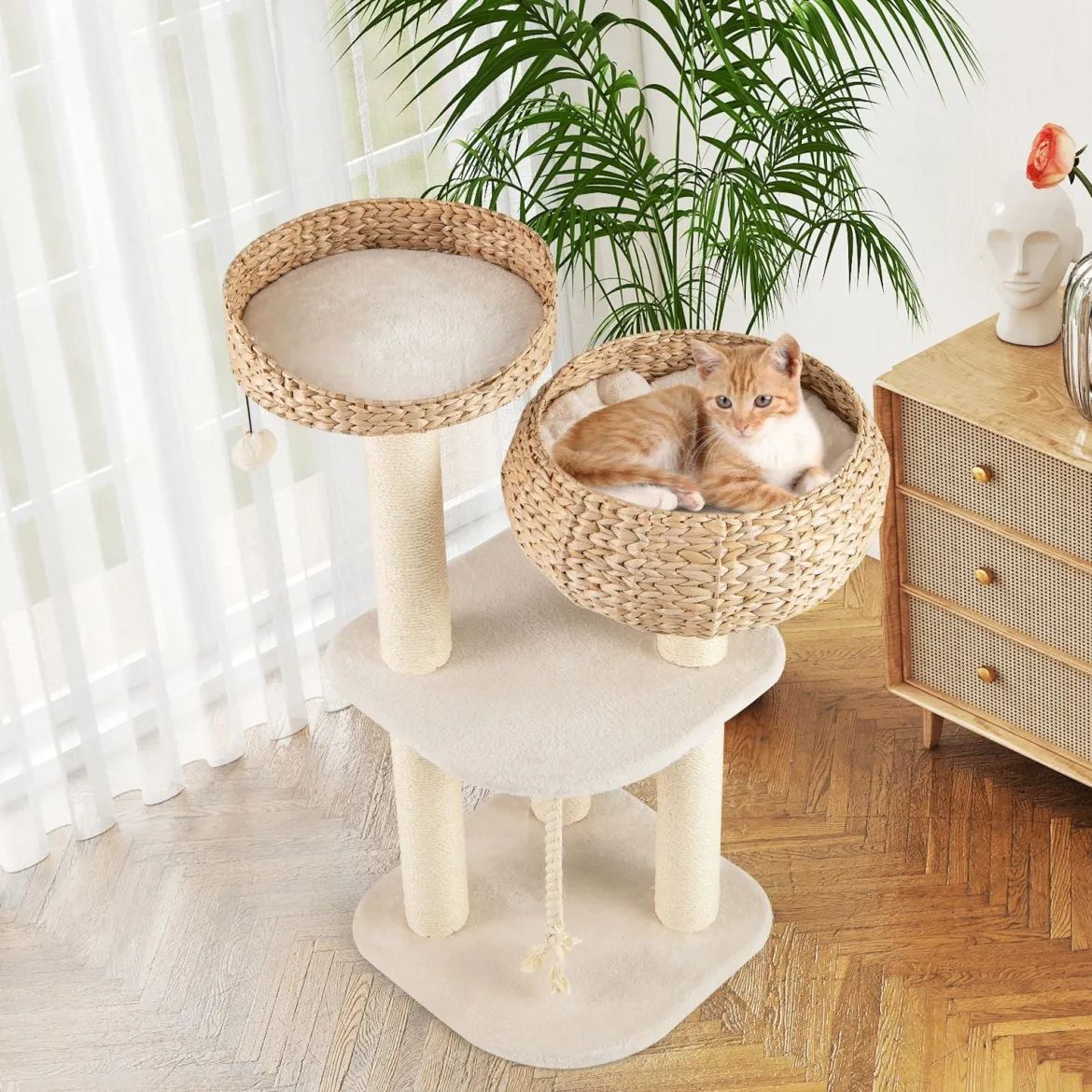 104 cm Holz Katzenbaum mit Sitzstange & Korb & Sisalpfählen Kratzbaum Kletterbaum Beige