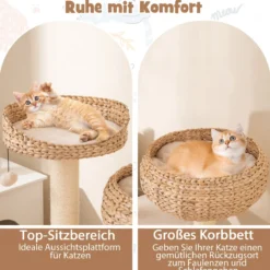 104 cm Holz Katzenbaum mit Sitzstange & Korb & Sisalpfählen Kratzbaum Kletterbaum Beige