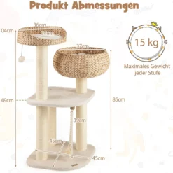 104 cm Holz Katzenbaum mit Sitzstange & Korb & Sisalpfählen Kratzbaum Kletterbaum Beige