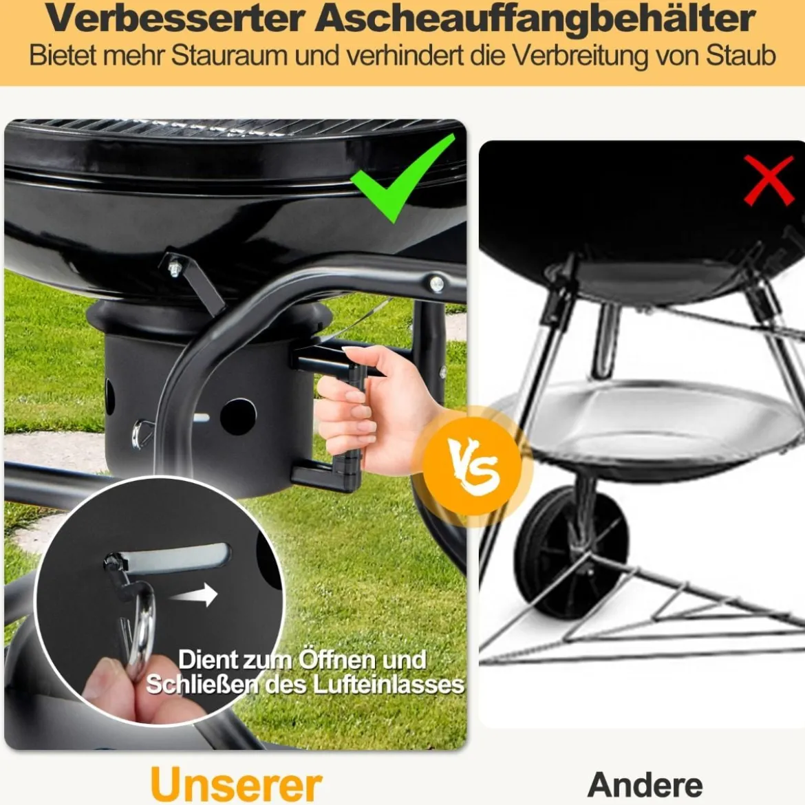 φ57cm Holzkohlegrill mit Deckel & Großem Aschefänger & Seitenablagen & Haken & Rädern Schwarz