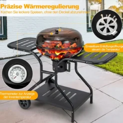 φ57cm Holzkohlegrill mit Deckel & Großem Aschefänger & Seitenablagen & Haken & Rädern Schwarz