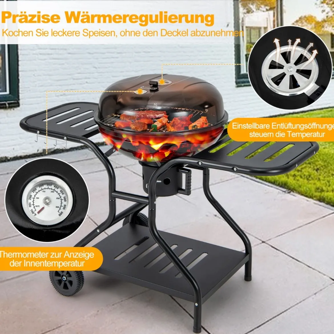 φ57cm Holzkohlegrill mit Deckel & Großem Aschefänger & Seitenablagen & Haken & Rädern Schwarz