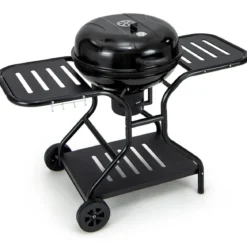 φ57cm Holzkohlegrill mit Deckel & Großem Aschefänger & Seitenablagen & Haken & Rädern Schwarz