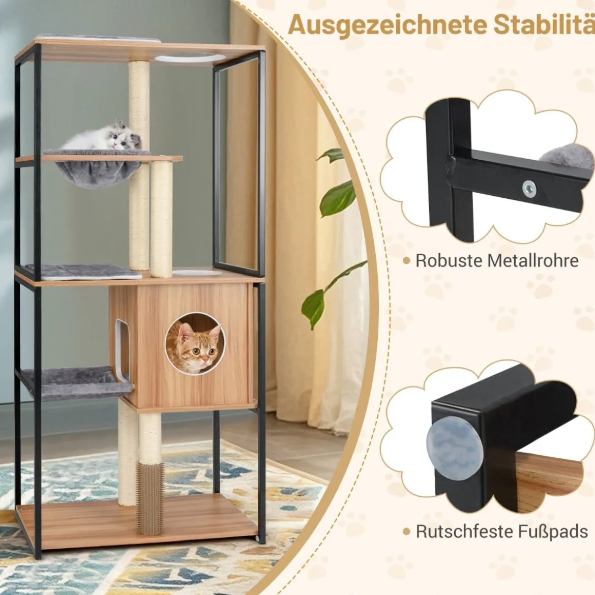 160 cm Holz Kratzbaum mit Höhle & Hängematte & Kratzpfosten 5 Stufiger Katzenkratzbaum