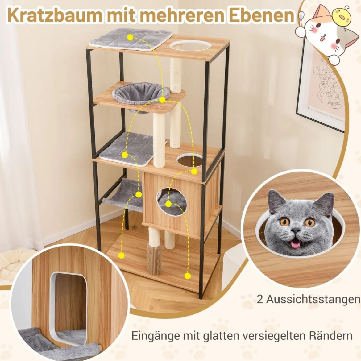 160 cm Holz Kratzbaum mit Höhle & Hängematte & Kratzpfosten 5 Stufiger Katzenkratzbaum