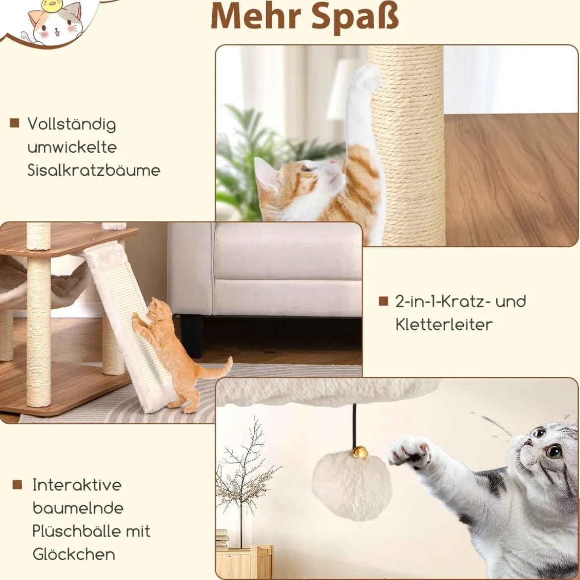 168cm Holz Kratzbaum mit Höhle & Leiter & Matten & Bällen & Hängematte Katzenkratzbaum
