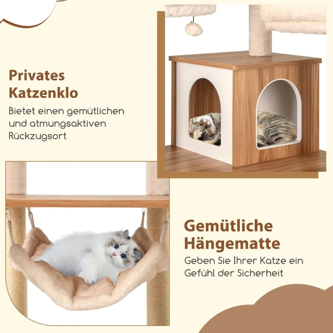 168cm Holz Kratzbaum mit Höhle & Leiter & Matten & Bällen & Hängematte Katzenkratzbaum