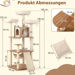 168cm Holz Kratzbaum mit Höhle & Leiter & Matten & Bällen & Hängematte Katzenkratzbaum
