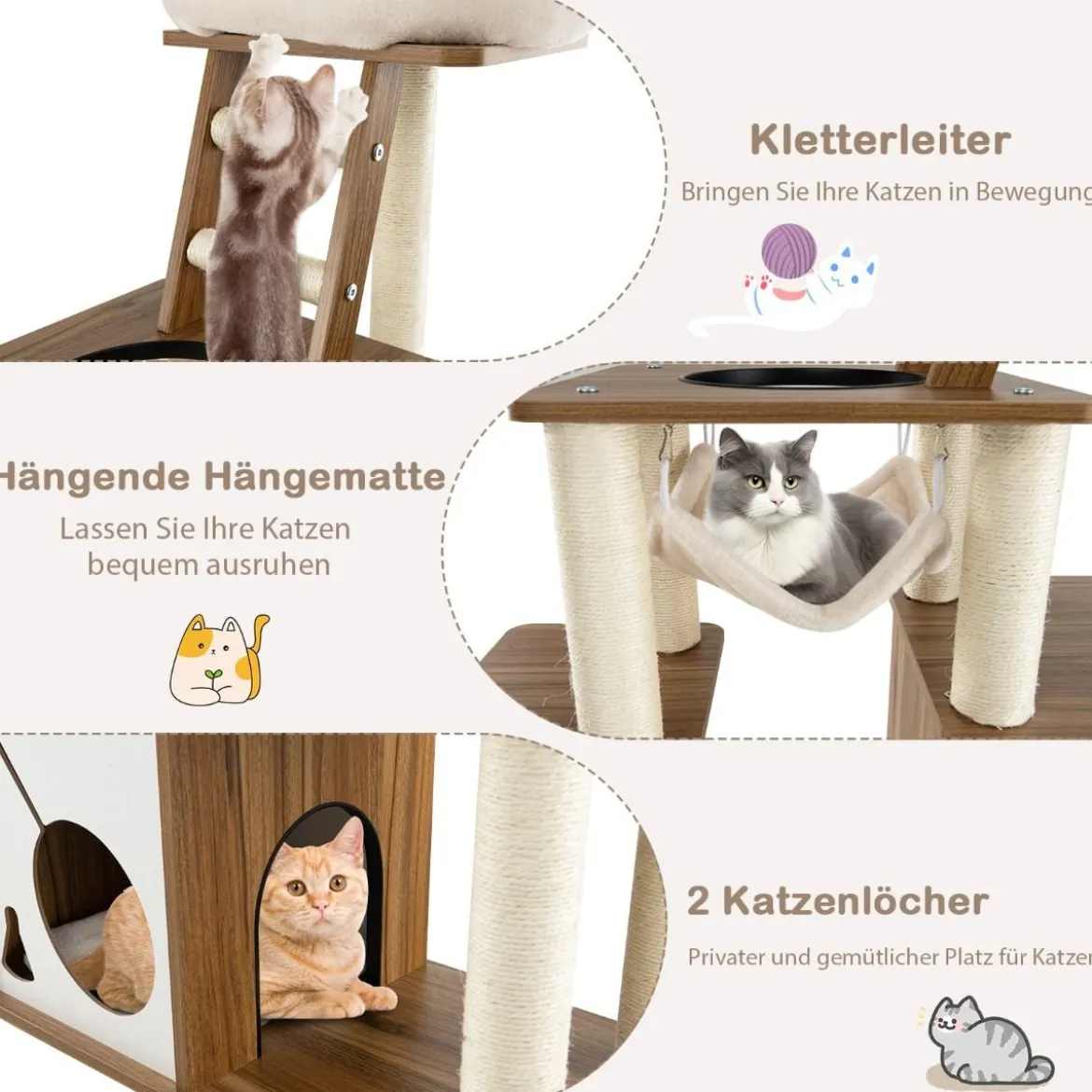 145cm Holz Kratzbaum mit Hängematte & 2 Katzenhöhlen & Leiter Katzenbaum Kletterbaum