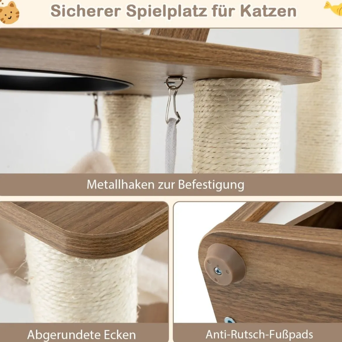 145cm Holz Kratzbaum mit Hängematte & 2 Katzenhöhlen & Leiter Katzenbaum Kletterbaum