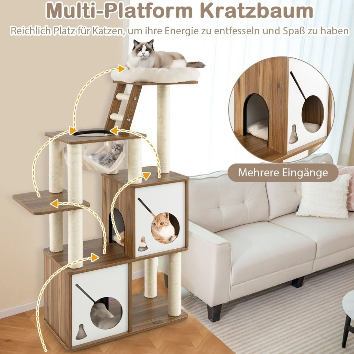 145cm Holz Kratzbaum mit Hängematte & 2 Katzenhöhlen & Leiter Katzenbaum Kletterbaum