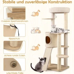 143 cm Holz Kratzbaum mit Kratztonne & Sisal-Kratzsäulen & Leiter Katzenbaum Kletterbaum Natur