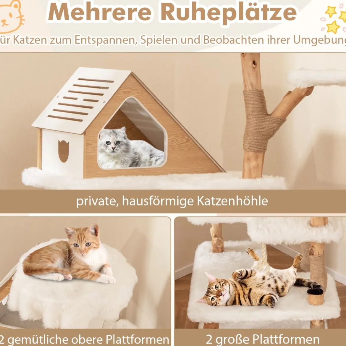 150 cm Holz Kratzbaum mit 2 Liegeplätzen & Höhle & Kratzsäulen & Sisalseil Katzenbaum