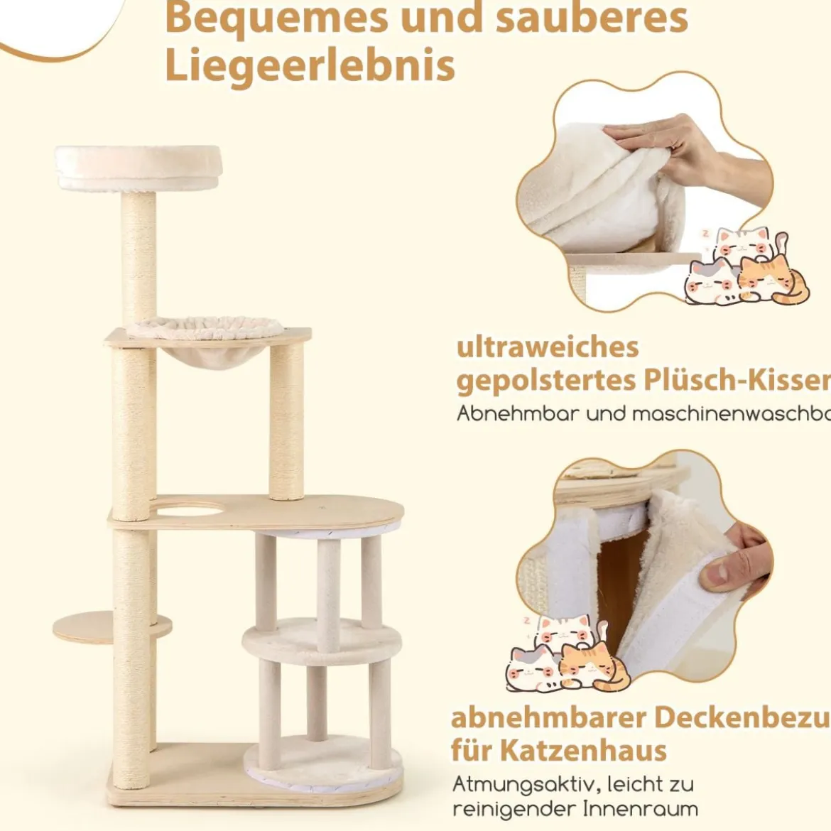 151cm Holz Kratzbaum mit 2-stöckigem Katzenhöhle & Hängematte Katzenbaum