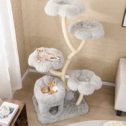 165cm Holz Kratzbaum mit 4 Warmen Liegeflächen & Katzenhöhle & Sisalstämmen Katzenbaum