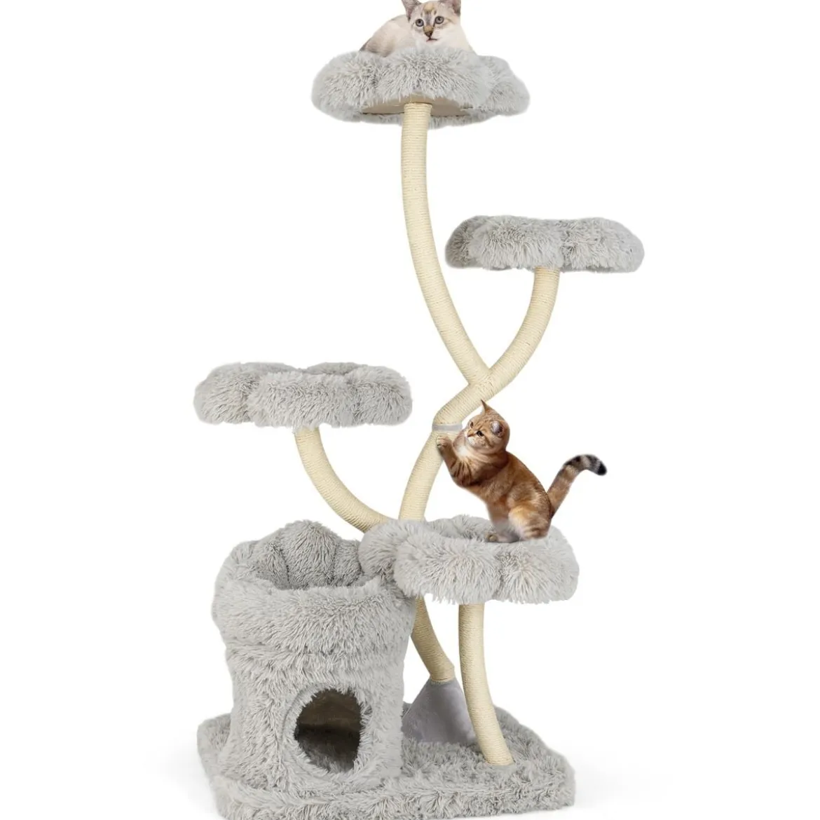 165cm Holz Kratzbaum mit 4 Warmen Liegeflächen & Katzenhöhle & Sisalstämmen Katzenbaum