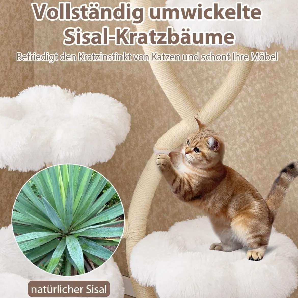 165cm Holz Kratzbaum mit 4 Warmen Liegeflächen & Katzenhöhle & Sisalstämmen Katzenbaum