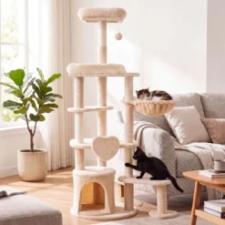 149 cm Indoor Kratzbaum mit Kippsicherung & 4 Sisal-Kratzsäulen für Kleine und Mittelgroße Katzen
