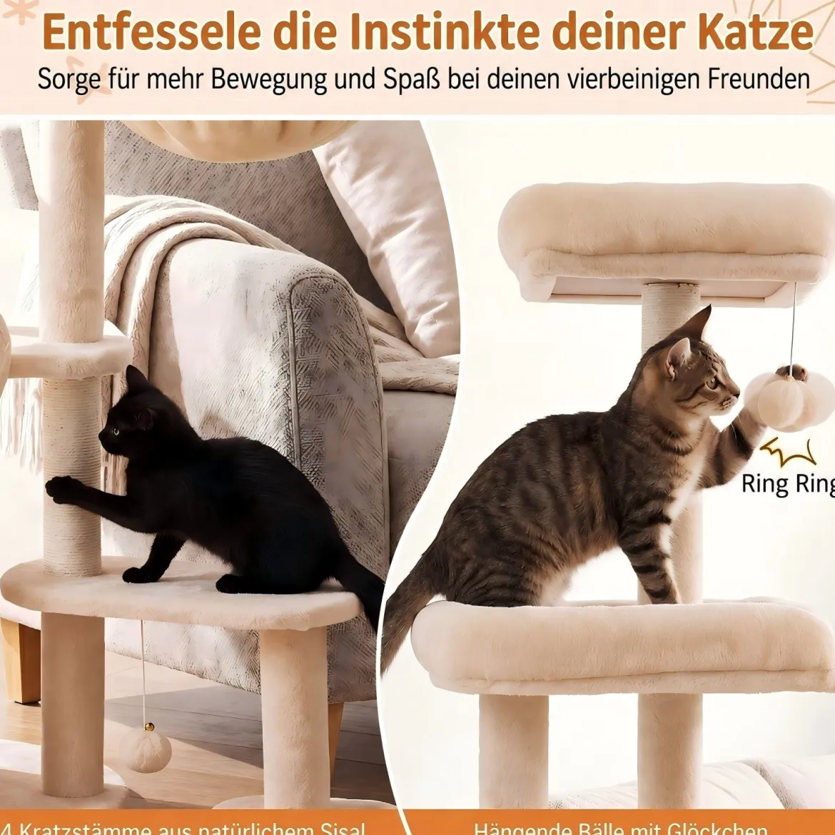 149 cm Indoor Kratzbaum mit Kippsicherung & 4 Sisal-Kratzsäulen für Kleine und Mittelgroße Katzen