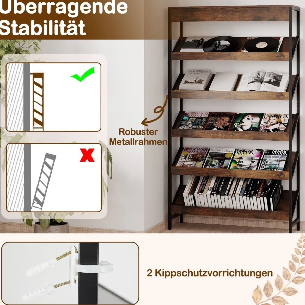 161 cm Industrielles Bücherregal mit Metallrahmen Freistehendes Lagerregal Anzeige Standregal Braun