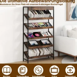 161 cm Industrielles Bücherregal mit Metallrahmen Freistehendes Lagerregal Anzeige Standregal Braun