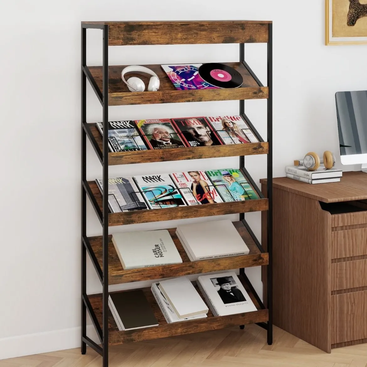 161 cm Industrielles Bücherregal mit Metallrahmen Freistehendes Lagerregal Anzeige Standregal Braun