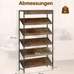 161 cm Industrielles Bücherregal mit Metallrahmen Freistehendes Lagerregal Anzeige Standregal Braun