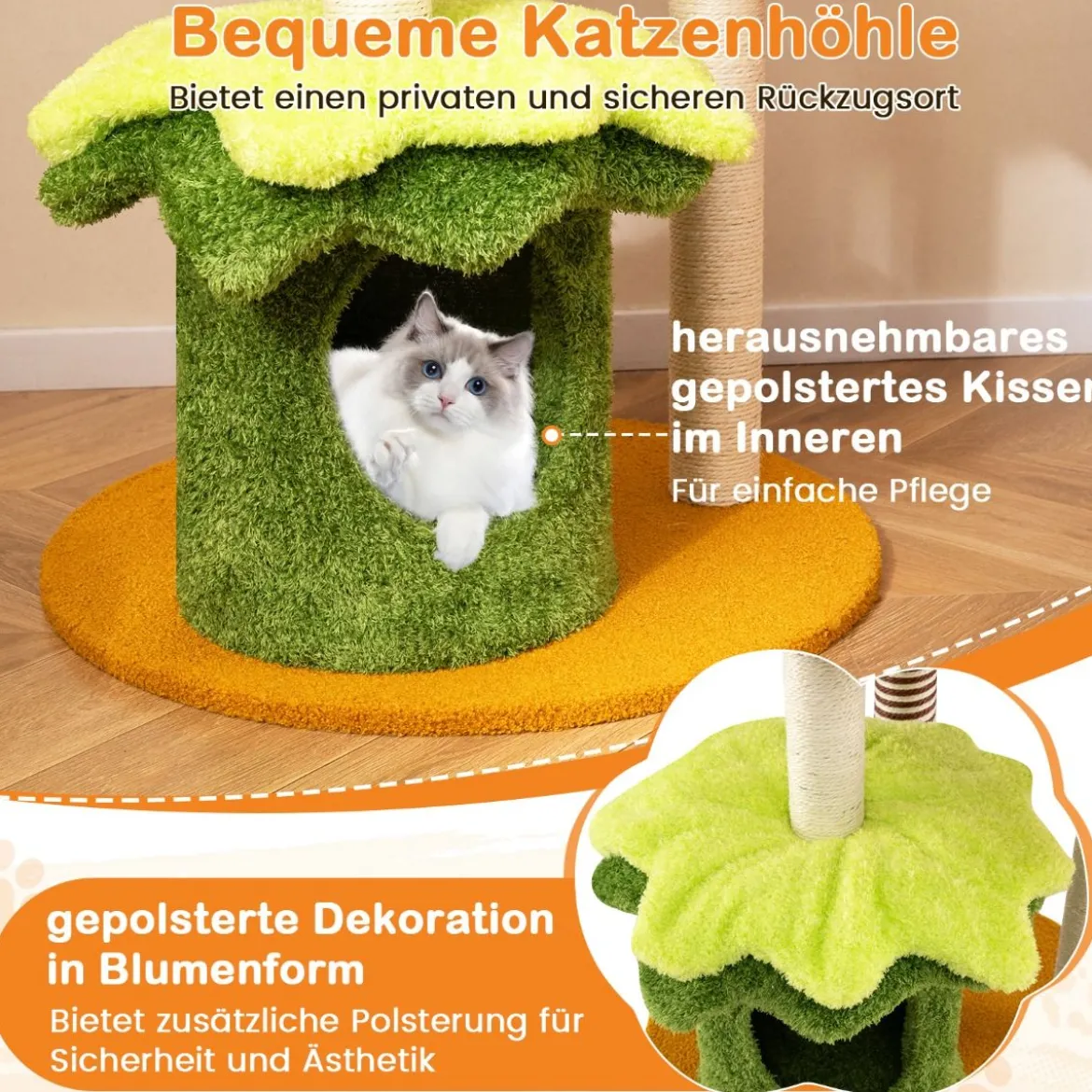 117 cm Katzenbaum mehrstufiger Kletterturm mit Hängekorb gepolsterter Sitzplatz Sisal-Kratzbrettern Kratzbaum Orange