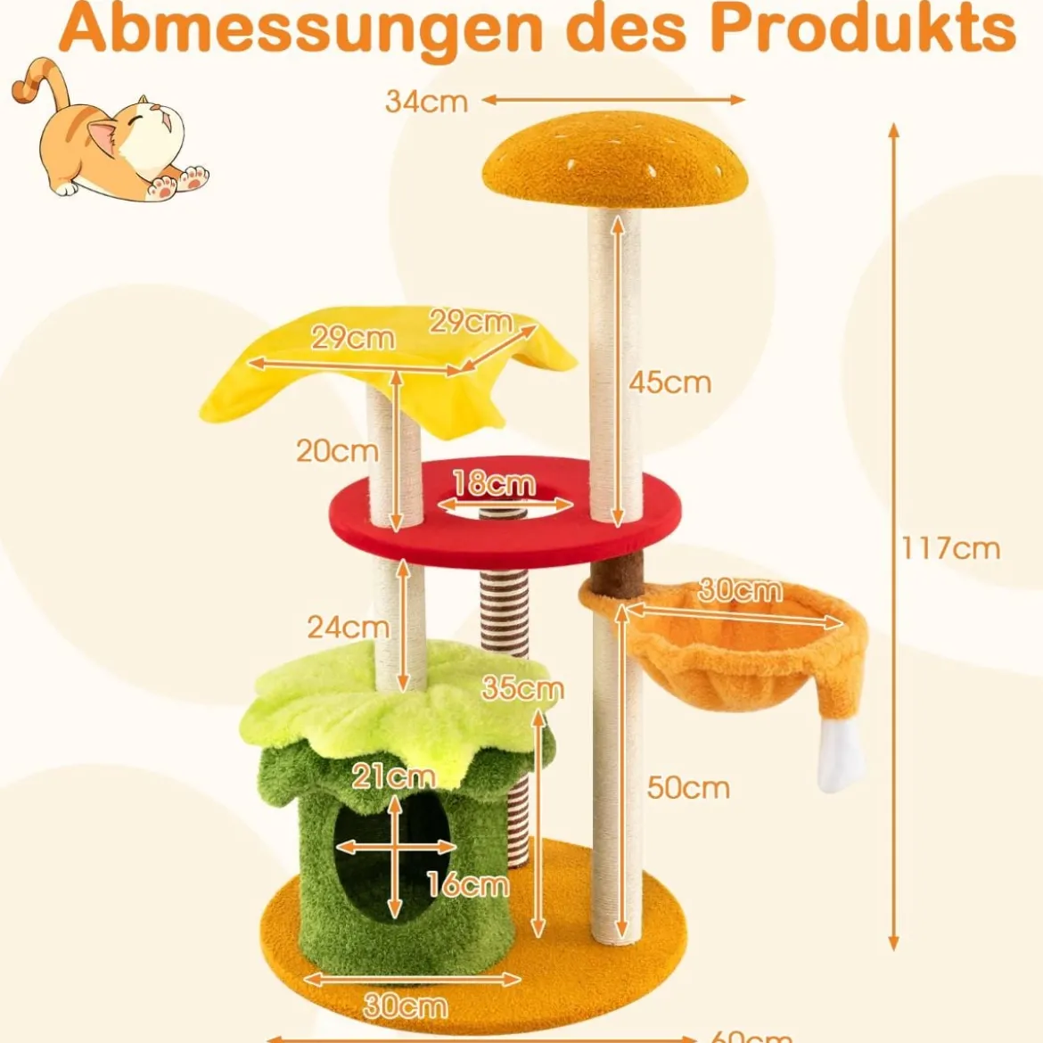 117 cm Katzenbaum mehrstufiger Kletterturm mit Hängekorb gepolsterter Sitzplatz Sisal-Kratzbrettern Kratzbaum Orange