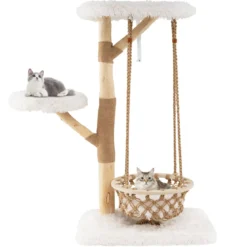 123cm Katzenbaum mit Hängekorb & Kletterturm & Echten Holzästen Kratzbaum Katzenaktivitätsbaum