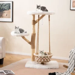 123cm Katzenbaum mit Hängekorb & Kletterturm & Echten Holzästen Kratzbaum Katzenaktivitätsbaum