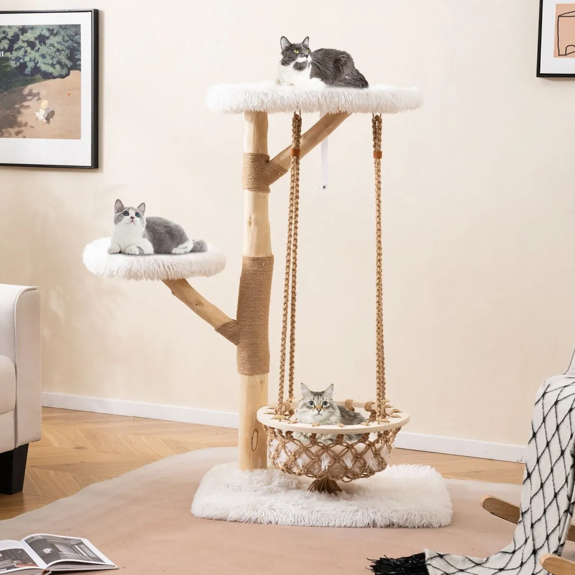 123cm Katzenbaum mit Hängekorb & Kletterturm & Echten Holzästen Kratzbaum Katzenaktivitätsbaum