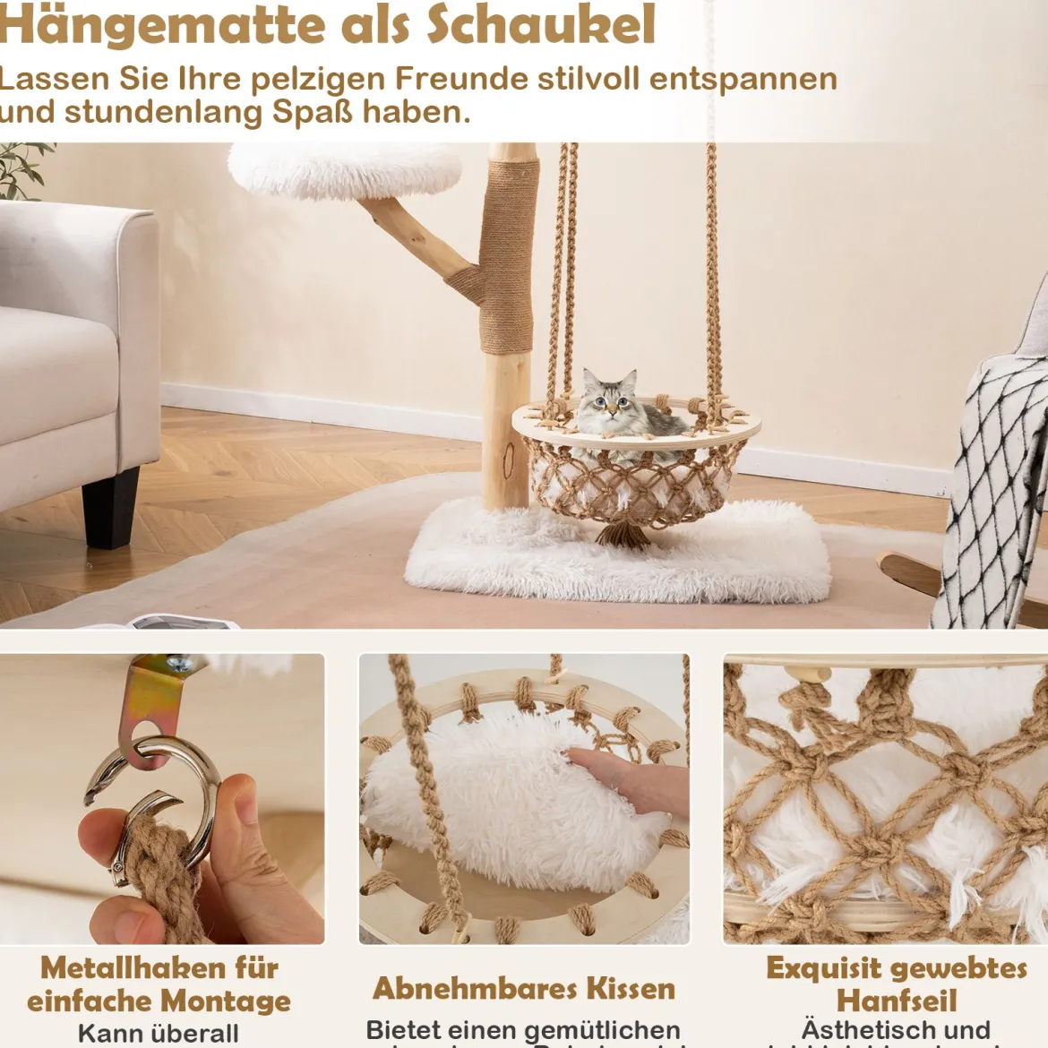 123cm Katzenbaum mit Hängekorb & Kletterturm & Echten Holzästen Kratzbaum Katzenaktivitätsbaum