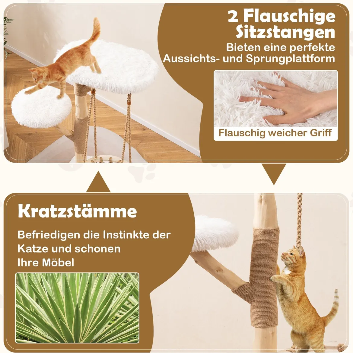 123cm Katzenbaum mit Hängekorb & Kletterturm & Echten Holzästen Kratzbaum Katzenaktivitätsbaum