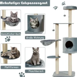 144cm Katzenbaum mit Sisalbezogenen Säulen & Plüsch & Höhle & Liege Grau