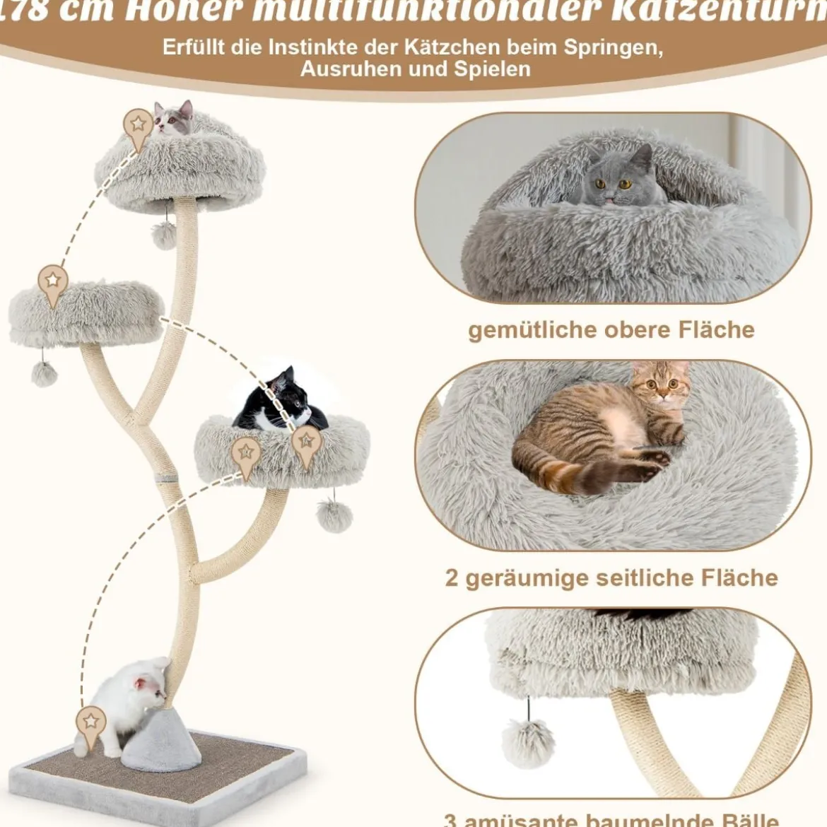 178 cm Katzenbaum mit Sisal-Kratzsäulen & 3 Warmen Liegeflächen & Plüschbälle