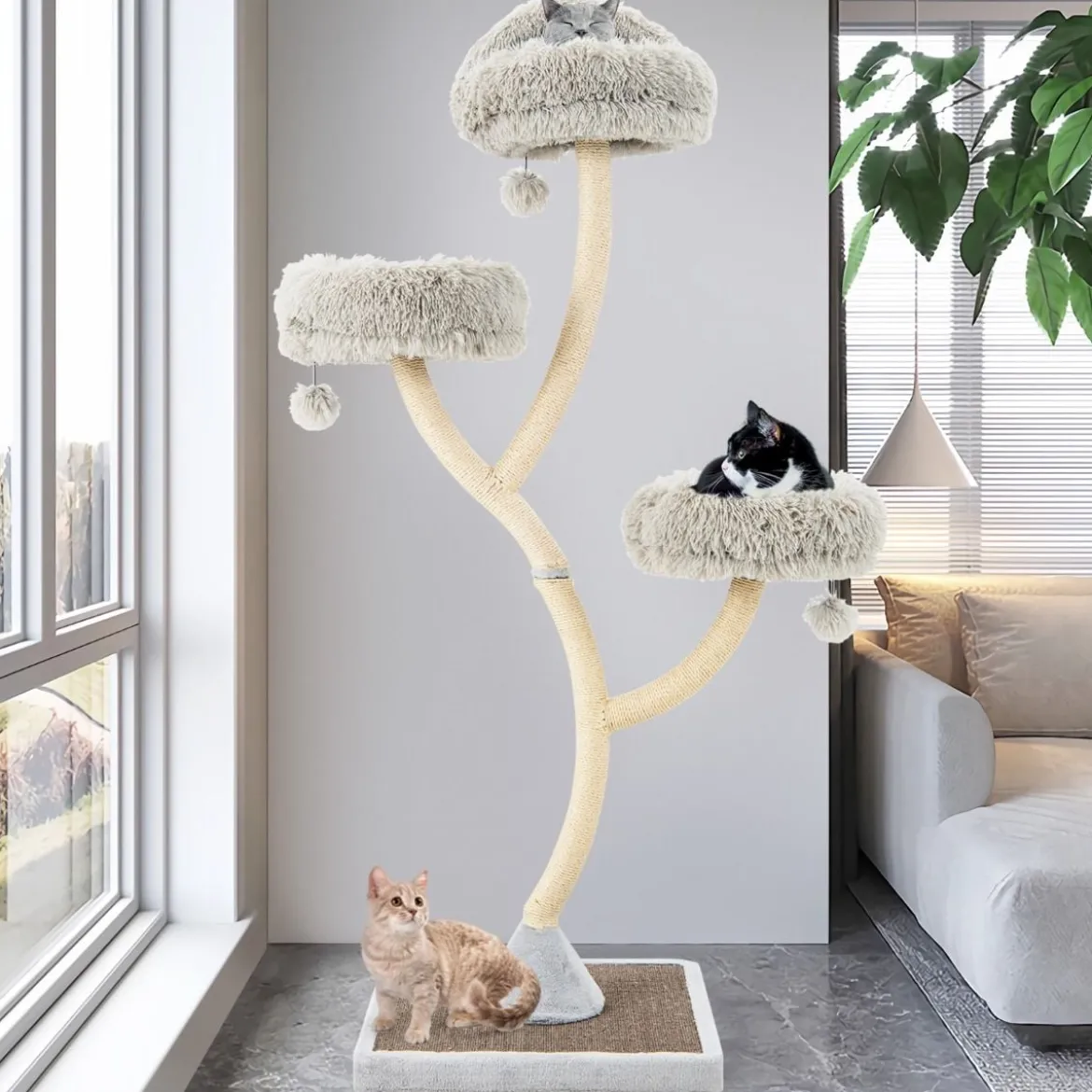178 cm Katzenbaum mit Sisal-Kratzsäulen & 3 Warmen Liegeflächen & Plüschbälle