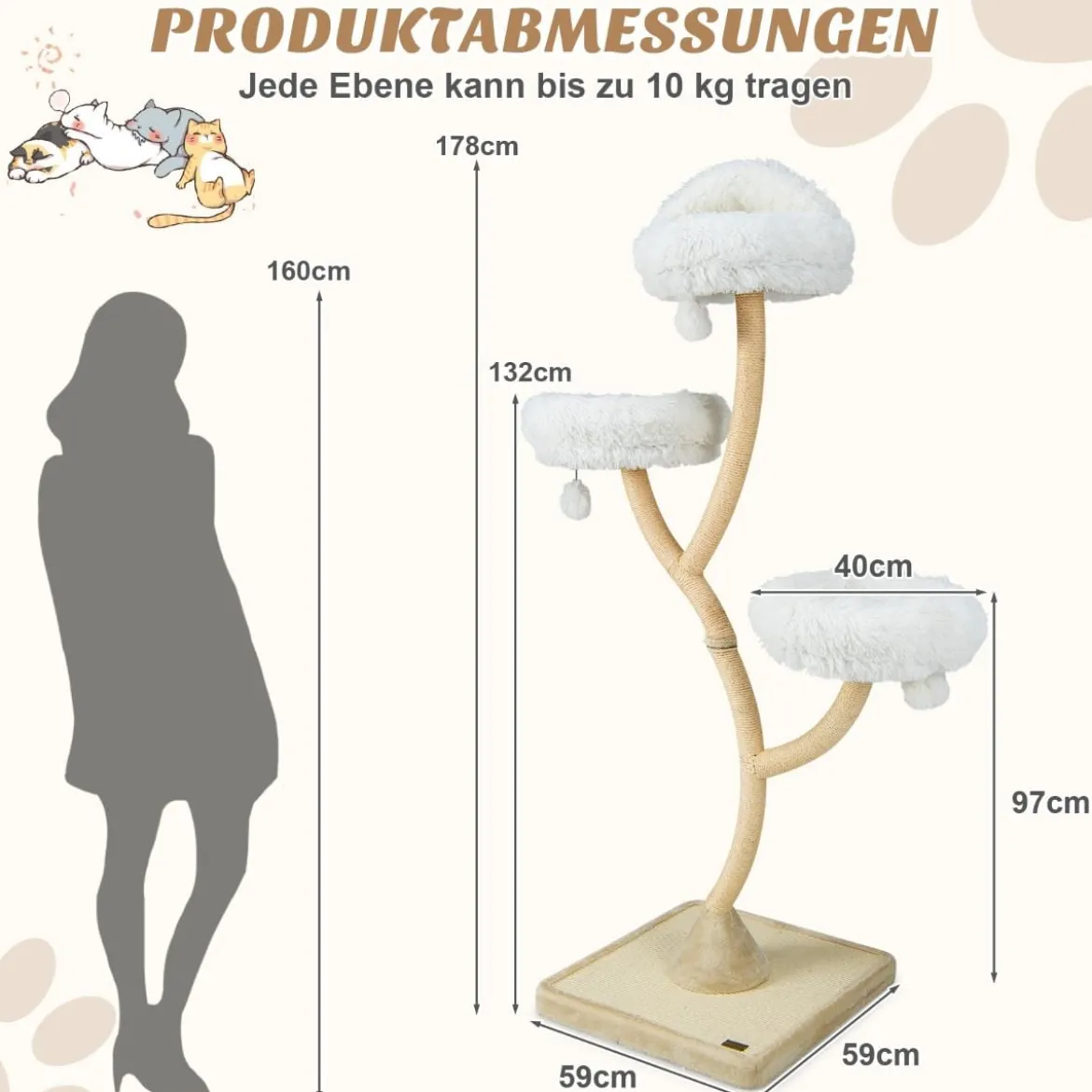 178 cm Katzenbaum mit Sisal-Kratzsäulen & 3 Warmen Liegeflächen & Plüschbälle