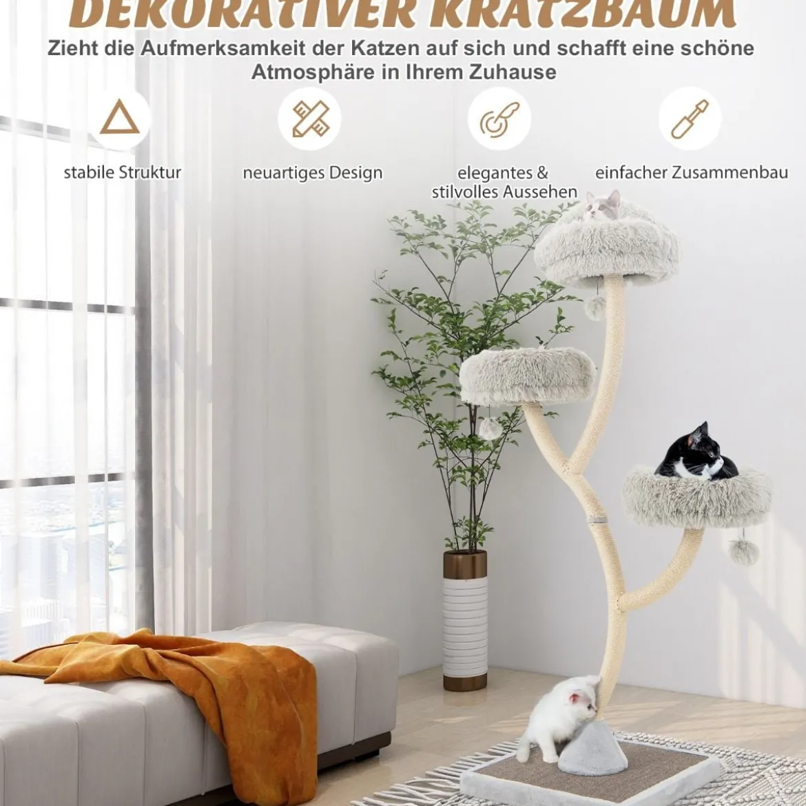 178 cm Katzenbaum mit Sisal-Kratzsäulen & 3 Warmen Liegeflächen & Plüschbälle