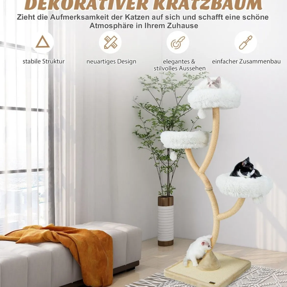 178 cm Katzenbaum mit Sisal-Kratzsäulen & 3 Warmen Liegeflächen & Plüschbälle