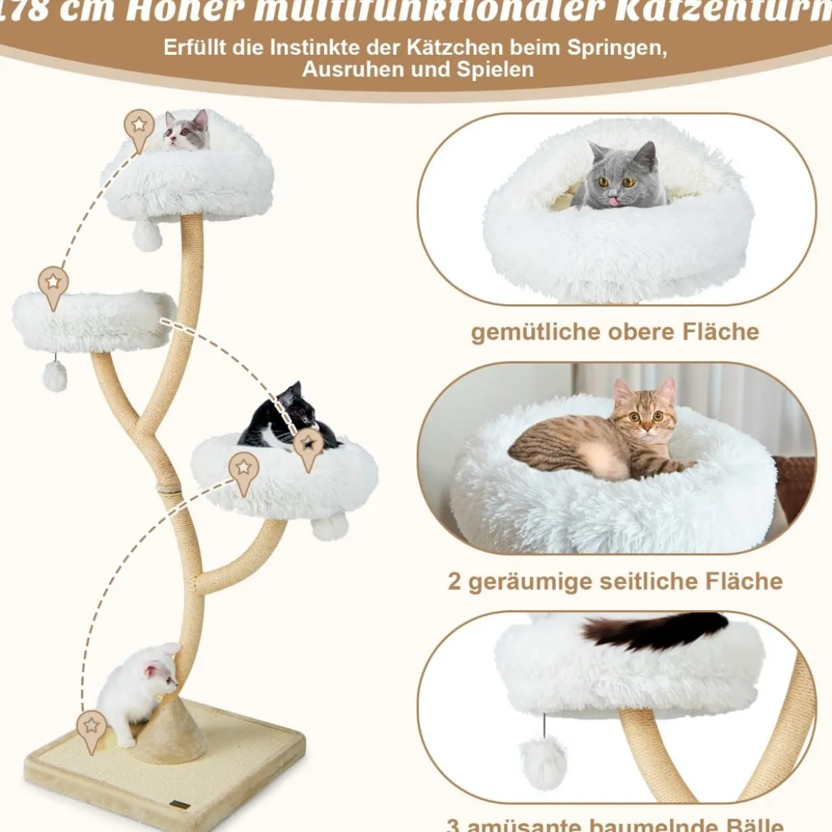 178 cm Katzenbaum mit Sisal-Kratzsäulen & 3 Warmen Liegeflächen & Plüschbälle