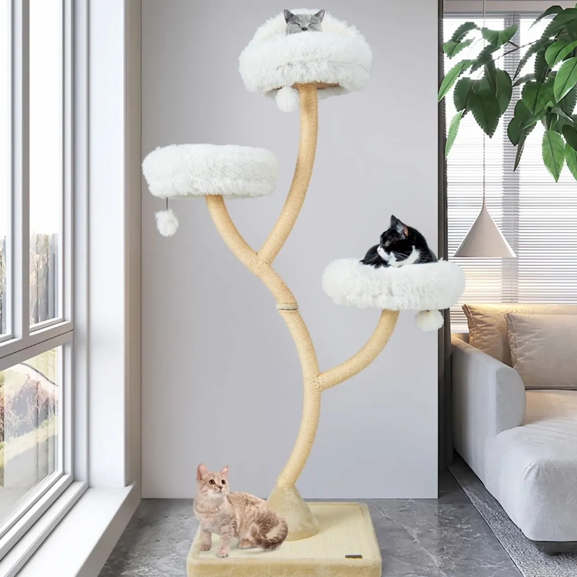 178 cm Katzenbaum mit Sisal-Kratzsäulen & 3 Warmen Liegeflächen & Plüschbälle